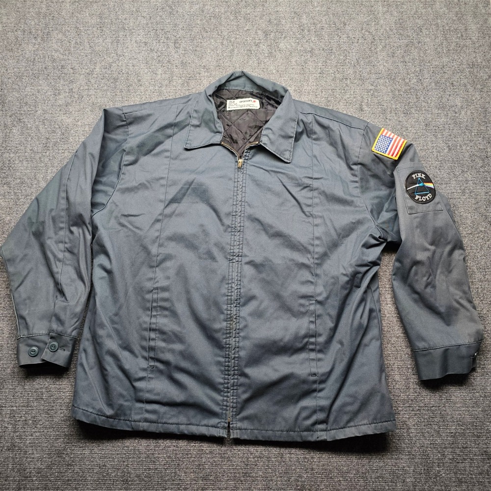 Aramark Mens 1XLR Pink Floyd Patch Work Jacket Gray Quilted Lined Full Zip